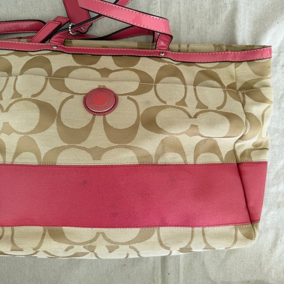 Coach Signature Khaki Canvas & Pink Leather Large Diaper Bag  Tote F19202 - Picture 3 of 16